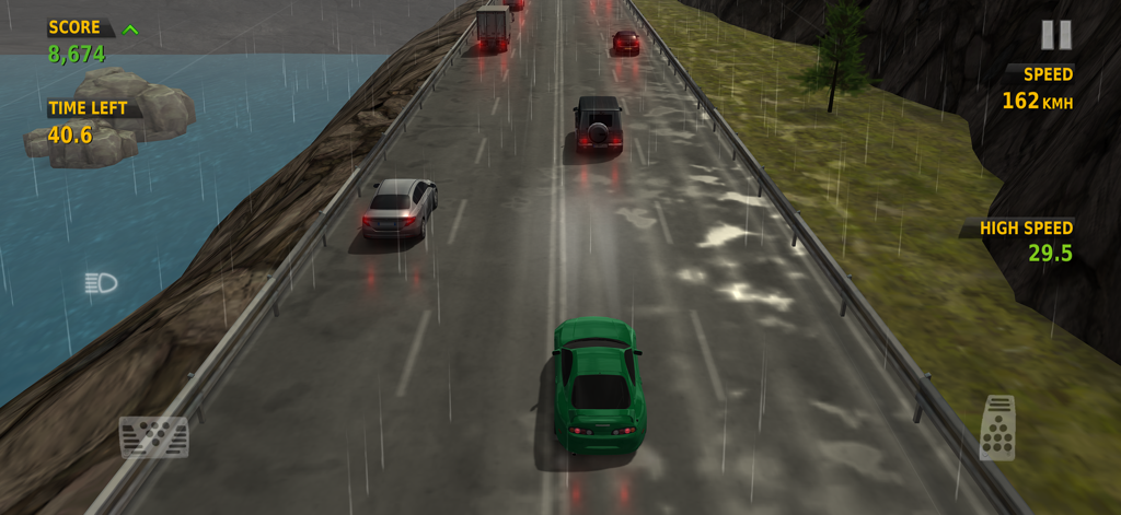 Traffic Racer - Traffic Racerモバイルゲームで、雨の天候でハイウェイの交通を走る緑のスポーツカー。