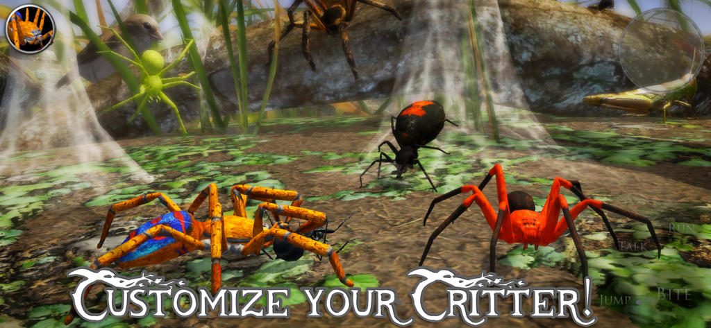 Ultimate Spider Simulator 2 - Several realistic spiders with different colors and patterns in a forest environment with the text Customize Your Critter