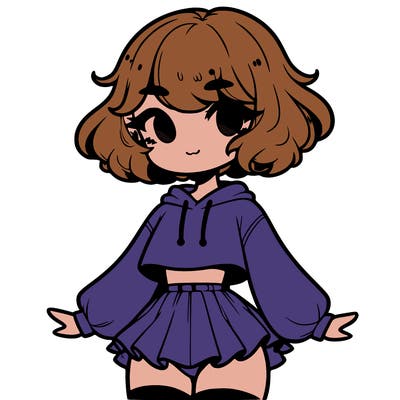 cute femboy with short, fluffy hair that softly frames their face, wearing a cropped hoodie, paired with a flouncy short skirt, and thigh-high stockings