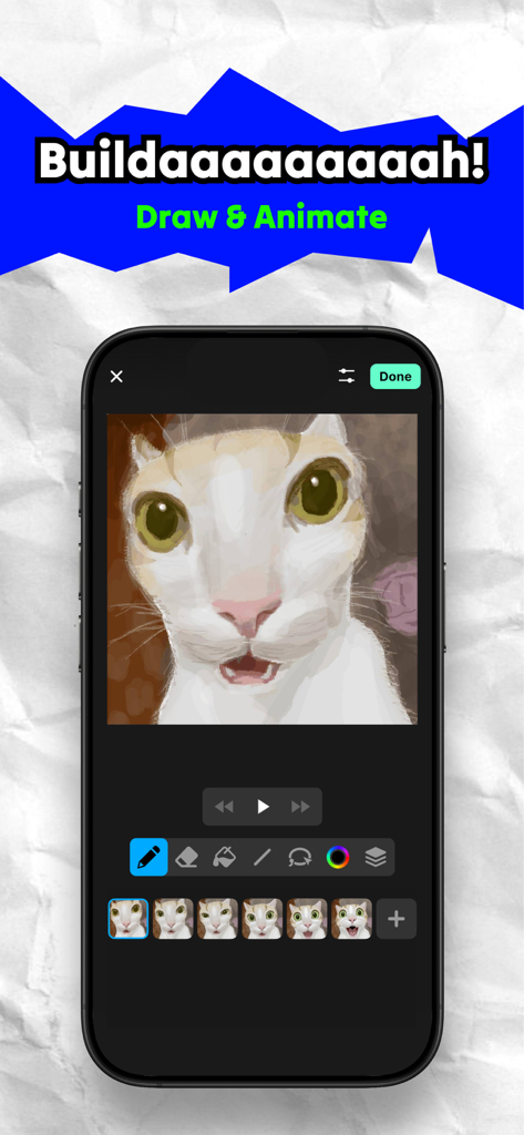 Uma tela de smartphone mostrando a interface do aplicativo Builda com um gato desenhado à mão e uma linha do tempo de quadros de animação