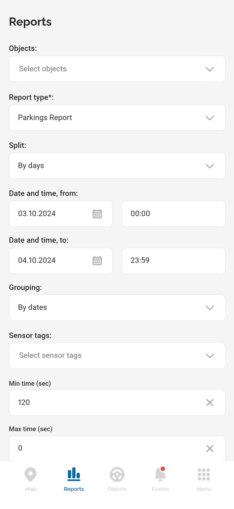 Falcon GPS Trackers - Falcon GPS Trackers reports screen showing parking report configuration with date and time filters