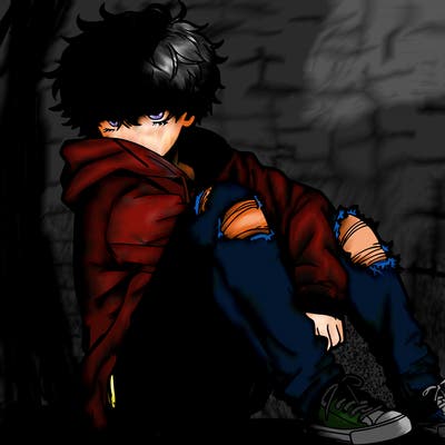 a male hoddie ripped jeans messy hair anime