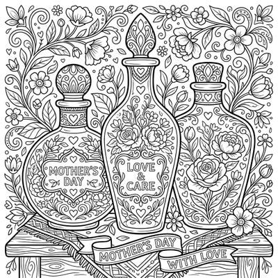 This beautiful Mother's Day coloring page features elegant facial oil bottles adorned with blooming flowers and heartfelt messages. It's a perfect way to show appreciation and relax with a creative activity for mom.