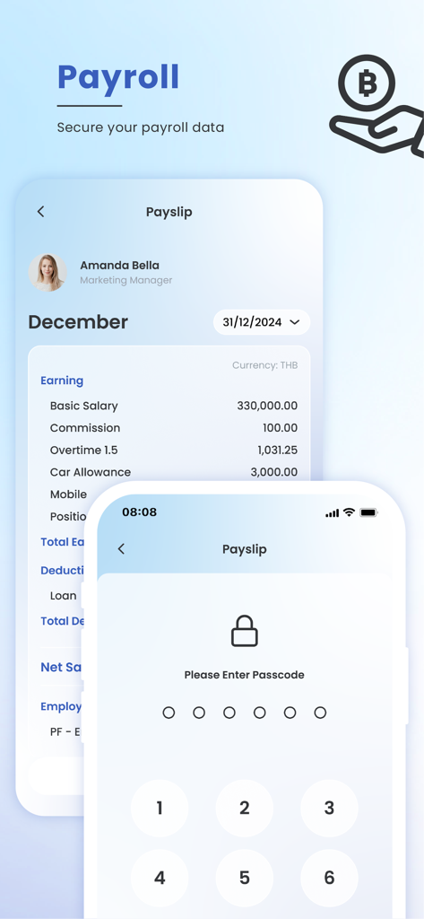 Interfaz de la aplicación móvil Workplaze que muestra un recibo de sueldo detallado del empleado y una pantalla de entrada de código de acceso seguro para datos de nómina