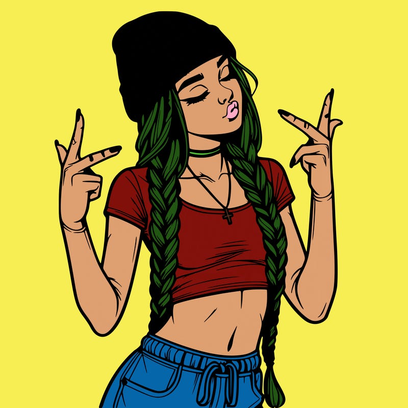 realistic teenage girl with braids and a beanie and crop top doing 🫶🏼