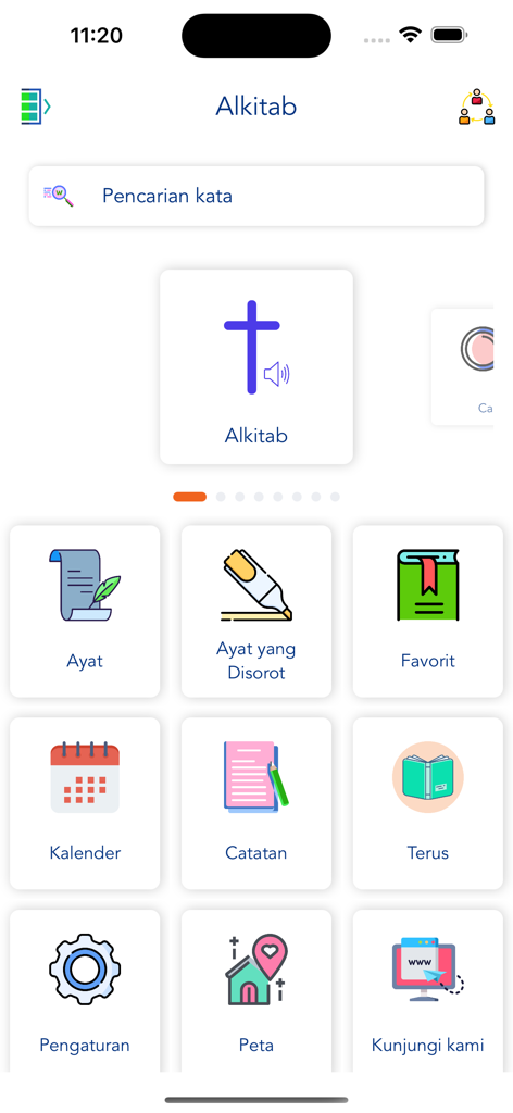 Alkitab Audio - Main menu of the Alkitab Audio mobile app showing navigation icons for Bible verses, notes, and audio features in Indonesian.