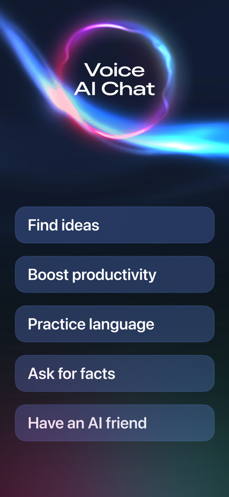 Voice AI Chat - AI Assistant - Voice AI Chat mobile app interface displaying options for boosting productivity practicing language and finding ideas