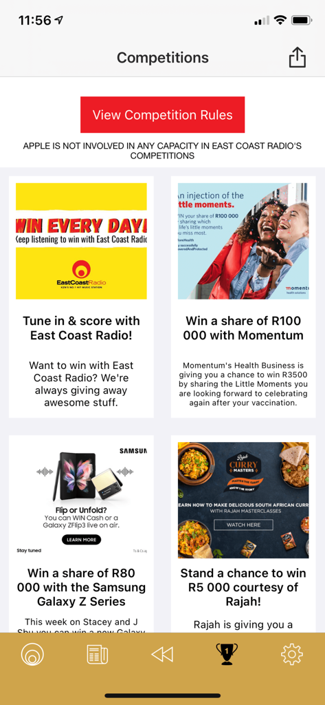 East Coast Radio - East Coast Radio app competitions screen showing various contests and promotional prizes