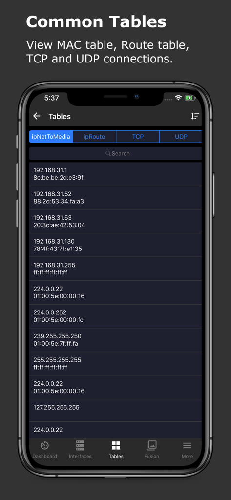 SNMP & SSH Terminal - Network MAC address table view in the SNMP and SSH Terminal mobile application