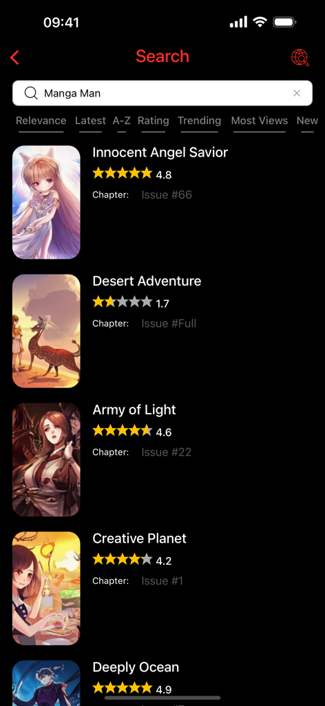 Pantalla de búsqueda de la aplicación Manga Man mostrando una lista de varios títulos de manga con calificaciones de estrellas y miniaturas
