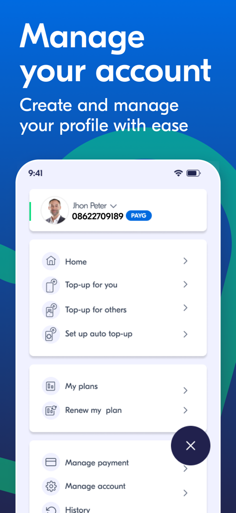 Lyca Mobile US app interface for managing accounts and topping up plans