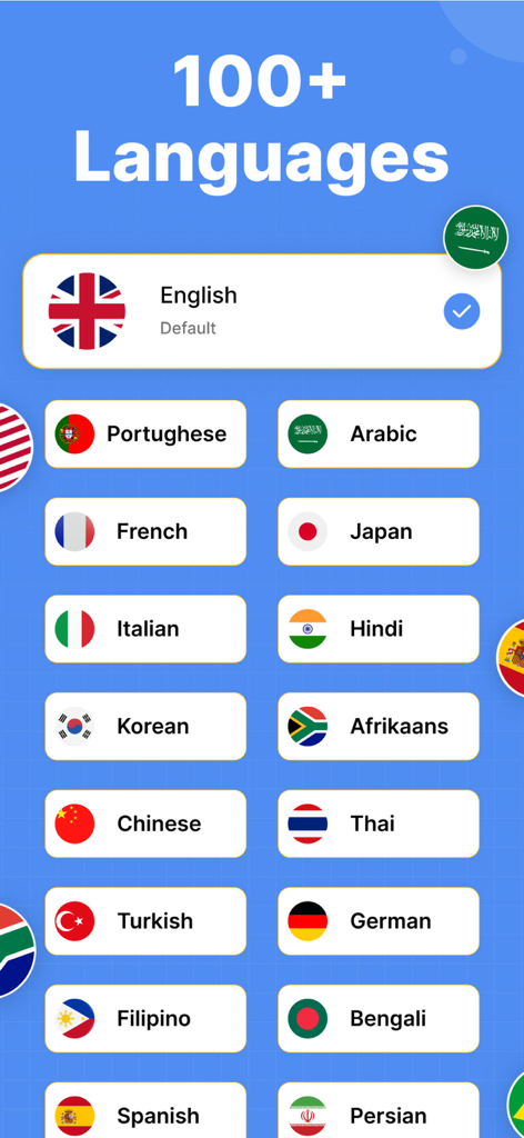 Picture To Text: Image To Text - Una pantalla que muestra más de 100 idiomas compatibles para la conversión de texto OCR con varias banderas de países.