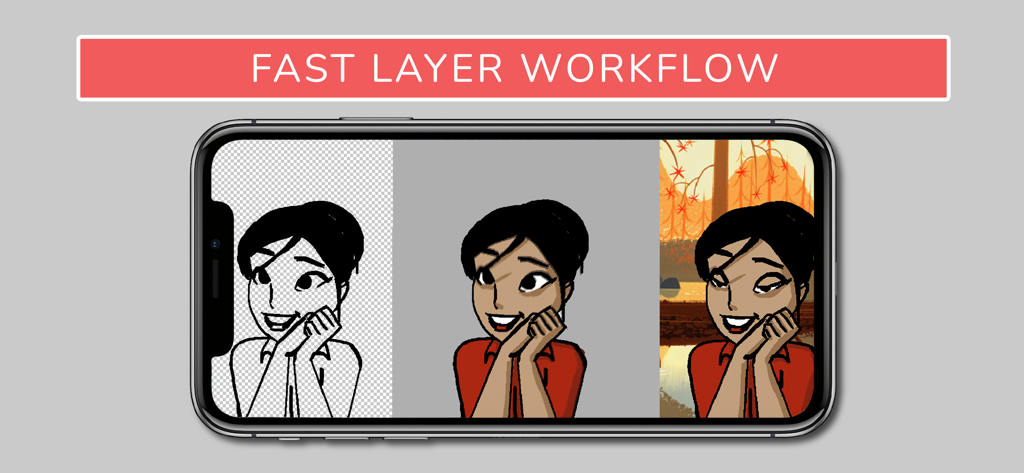Animation Sketch Pro - A smartphone showing the three steps of the layer workflow in Animation Sketch Pro from line art to a fully colored character with a background