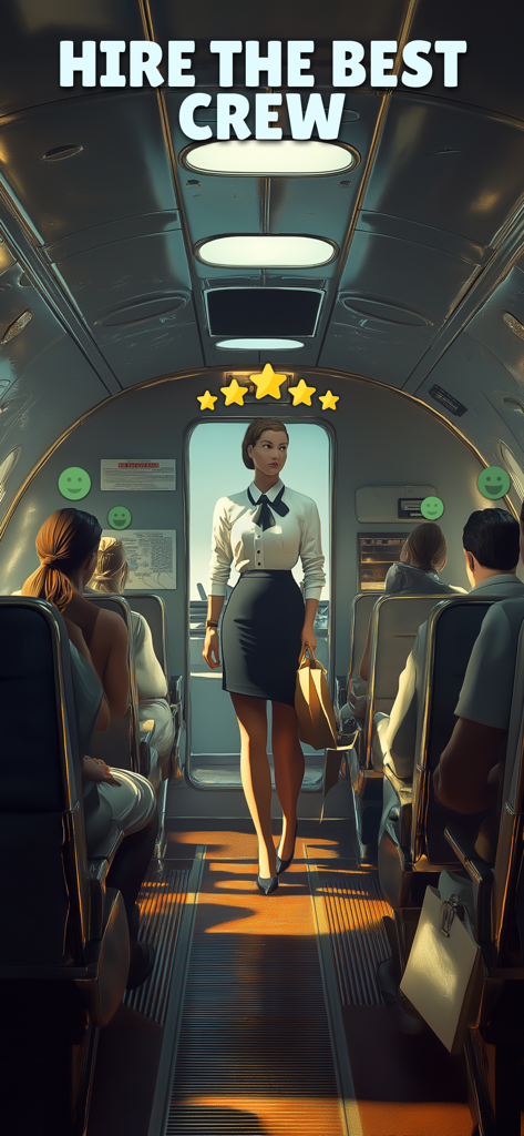 Airline Tycoon: The Game - A five star flight attendant walking through an airplane cabin with happy passengers in Airline Tycoon