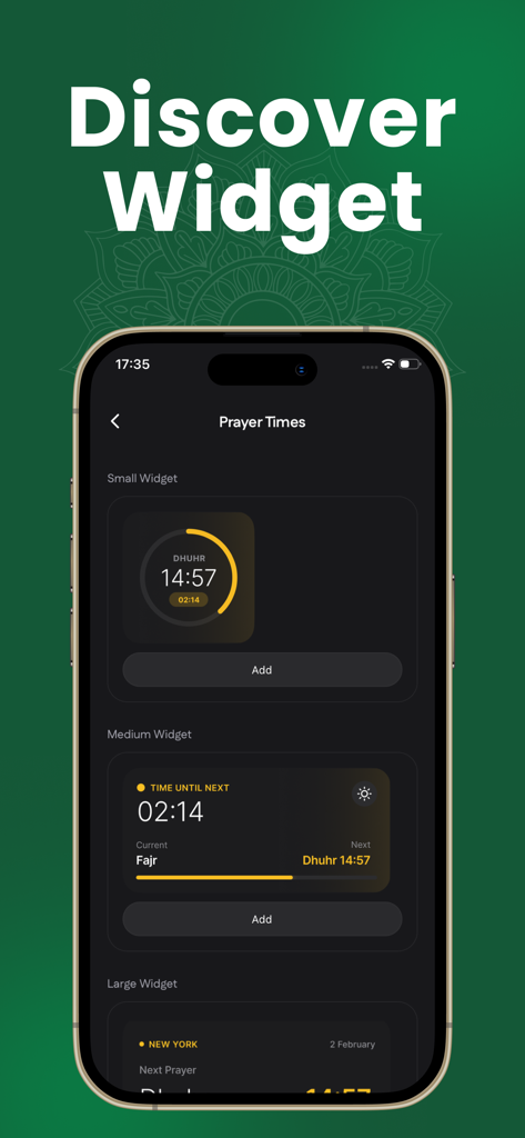 Ramadan Calendar 2026: Safa - Safa app interface showcasing different sizes of prayer times widgets for a mobile home screen.