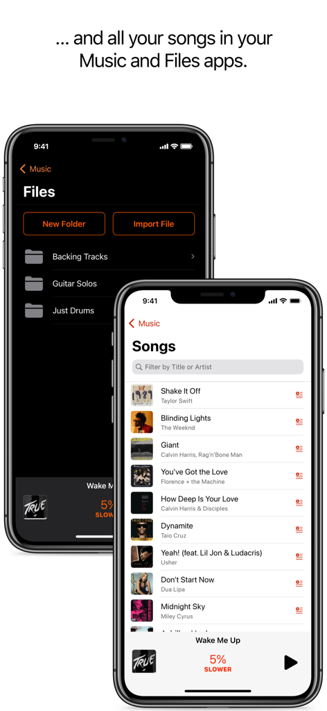 Interface of the Perfect Tempo app showing music library and file management on two iPhones