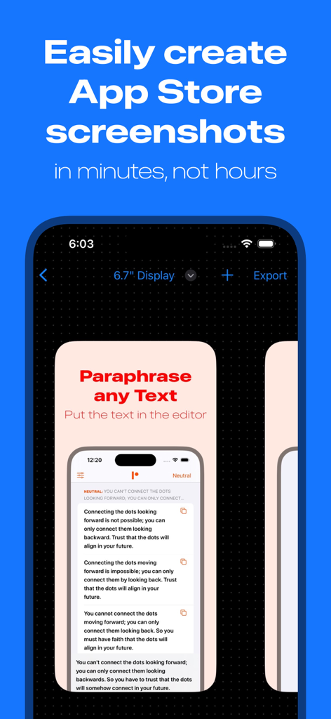 Screenshot Studio - App Mockup - Interface do Screenshot Studio mostrando como criar capturas de tela para a App Store com molduras de dispositivos personalizáveis e texto