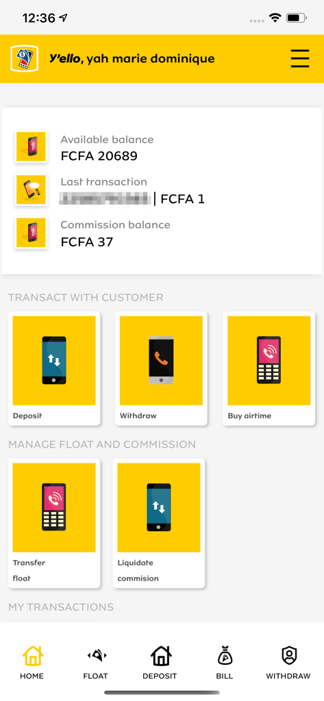 MoMo Agent - MoMo Agent app dashboard showing available balance and transaction options