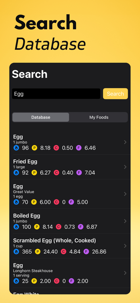 Protein Tracker+ - Resultados de búsqueda de la base de datos de alimentos de la aplicación Protein Tracker para huevos