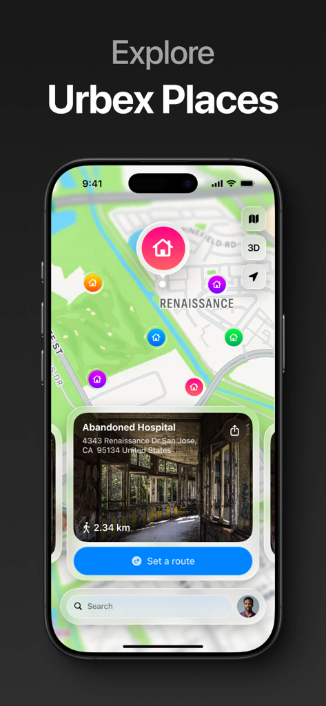 Uma interface de mapa móvel mostrando pinos para locais abandonados e um cartão detalhado para um hospital abandonado com um botão de planejamento de rota.