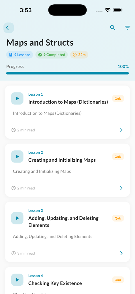 Course module for Maps and Structs in the GoLang Pro mobile app showing lesson progress and list of topics