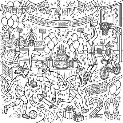 Dive into the ultimate celebration with this vibrant Sports & Action Birthday coloring page. Featuring dynamic athletes and festive party elements, it's perfect for a creative birthday activity.