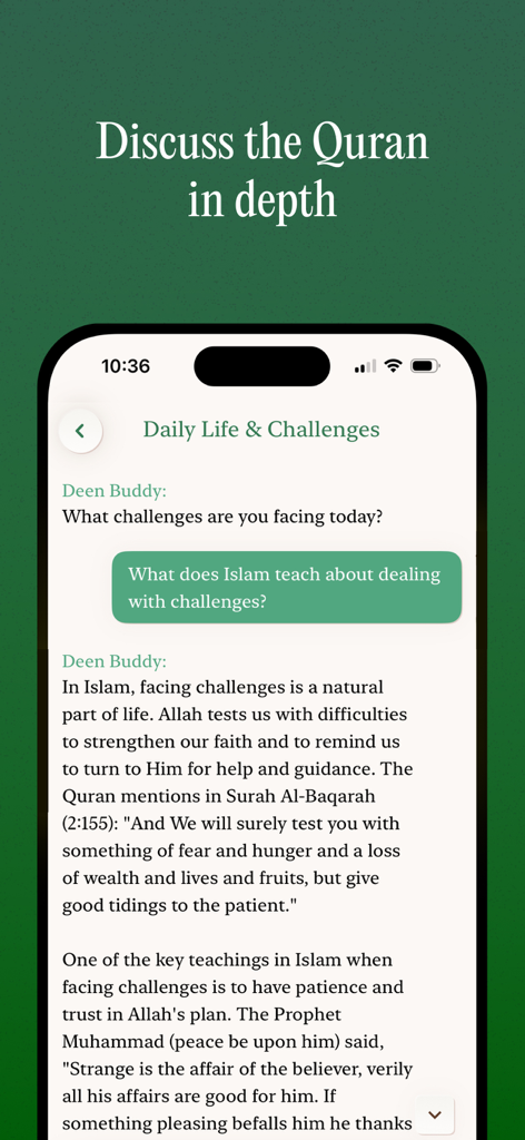 Deen Buddy - Quran Chat - AI chat interface of Deen Buddy app providing Islamic guidance on dealing with life challenges based on Quran and Hadith.