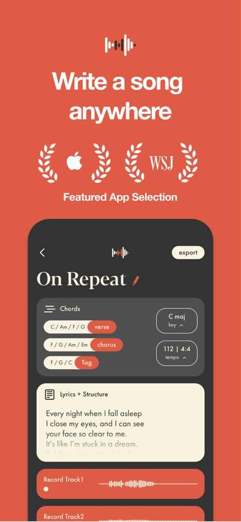 Mobile interface of the Demo Songwriting Studio app showing sections for chord progressions, lyrics, and audio recording tracks.