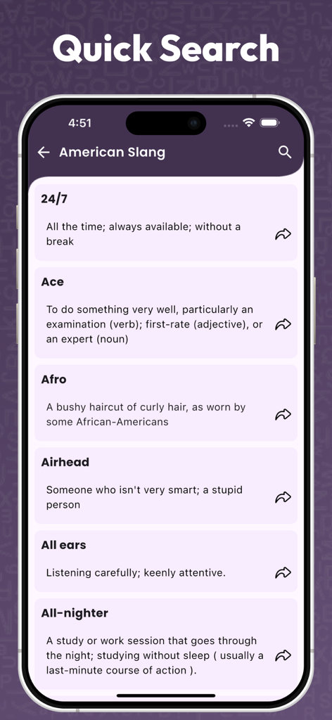 Idioms and Phrases - English - Pantalla de aplicación móvil que muestra una lista de términos de jerga americana y sus definiciones.