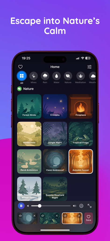 Softly: Sleep & Relax Sounds - Softly app interface displaying nature sounds like forest birds and crickets with the option to mix three sounds at once
