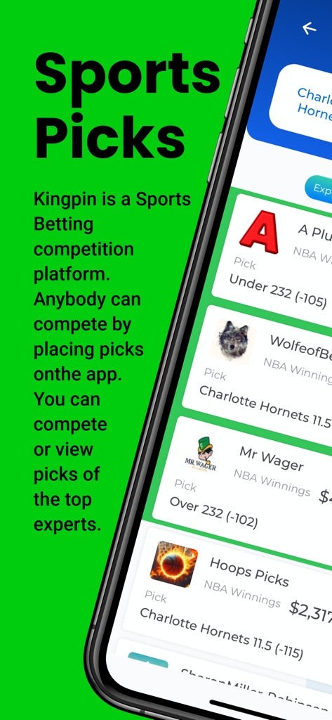 Interface of the Kingpin Sports Picks app showing a list of expert sports predictions and betting odds