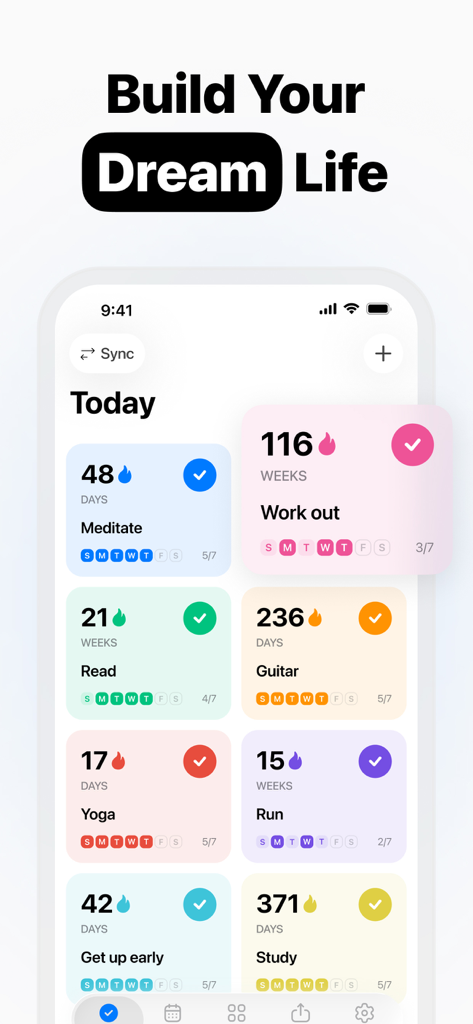 Habit Tracker - Evoday - Aplicación rastreadora de hábitos Evoday mostrando un tablero estético de tareas diarias y rachas