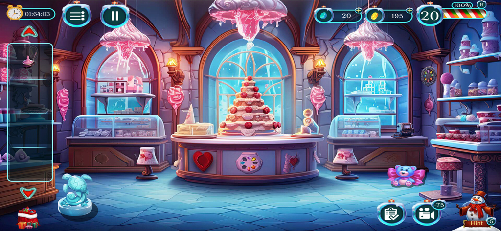A magical pink pastry shop with a tiered cake and festive decorations in Christmas Game Frosty World.