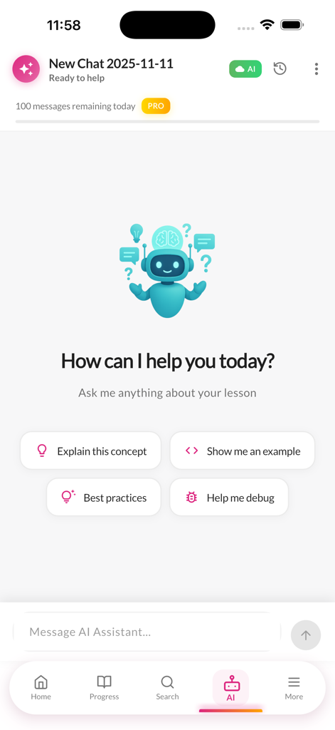Learn Python Coding with AI - Mobile app screen showing an AI assistant interface with options to explain Python concepts and help with debugging