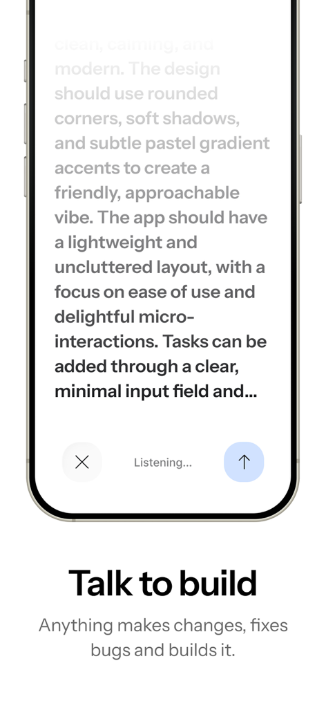 Anything - AI App Builder - Interfaz de Anything AI App Builder mostrando la función Hablar para Crear con un prompt de diseño detallado en una pantalla de iPhone.