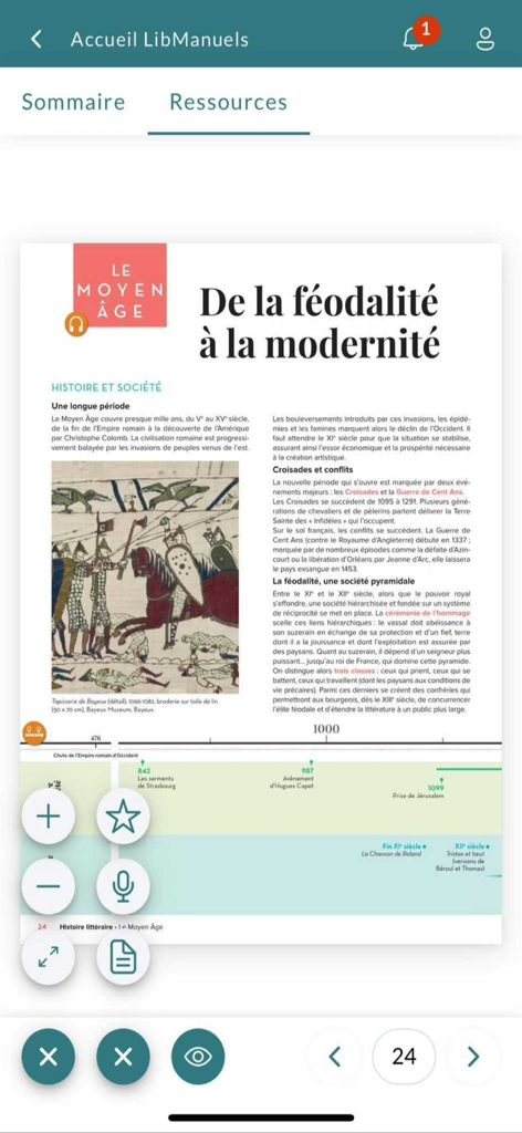 Lib Manuels - Une page de manuel scolaire numérique d'histoire de France sur le Moyen Âge dans l'application Lib Manuels
