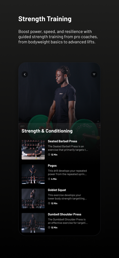 STATSports app interface showing a list of professional strength and conditioning exercises for soccer players.