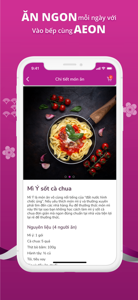 AEON Vietnam - Una pantalla de la aplicación AEON Vietnam que muestra una receta de espaguetis con salsa de tomate.