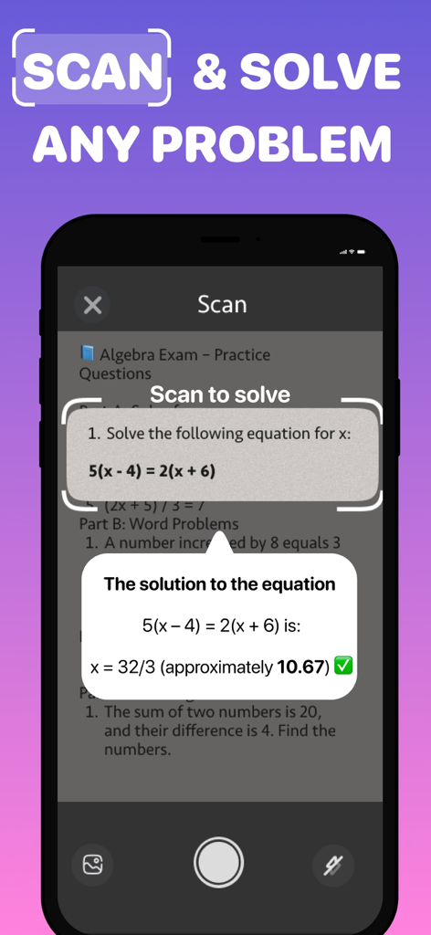 Socratic Homework AI - Interfaz de la aplicación Socratic Homework AI escaneando y resolviendo una ecuación de álgebra