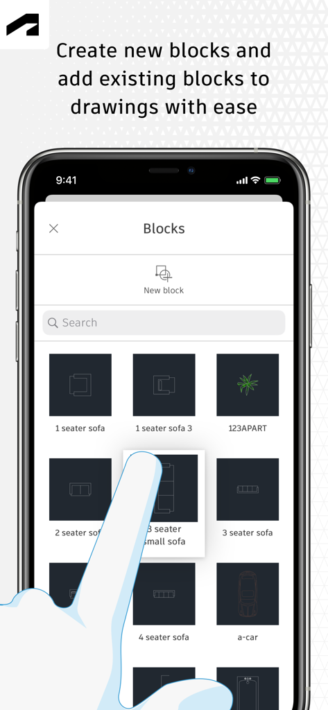 AutoCAD - AutoCADモバイルアプリのインターフェースには、家具や車のアイコンを含むブロックライブラリが表示されています。