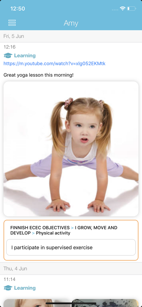 Kindiedays Family - A child's yoga lesson update on the Kindiedays Family app with learning objectives