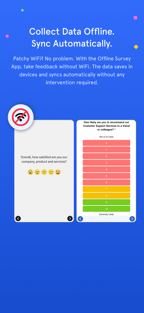 Zonka Feedback-Surveys, Kiosk - Mobile app screen showing offline survey collection and automatic data syncing features with NPS and smiley rating scales.