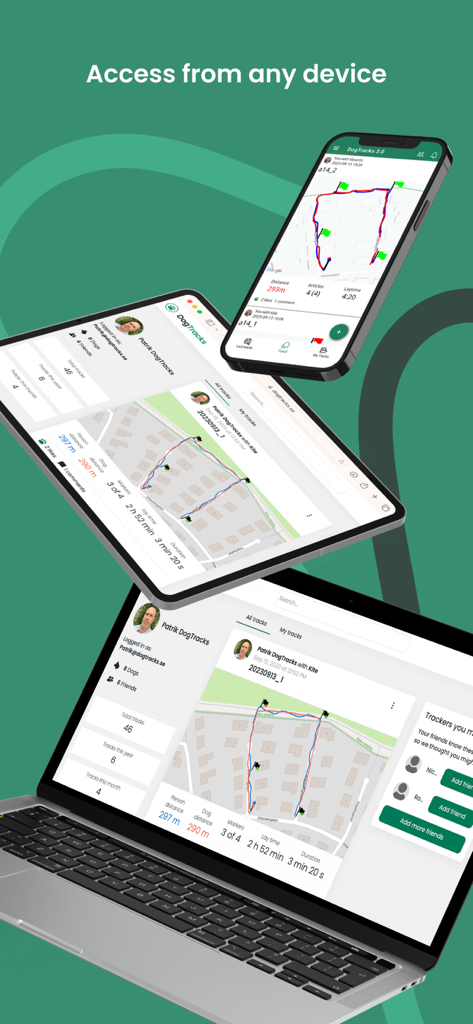 DogTrack - DogTracks app interface on a mobile phone, tablet and laptop showing dog tracking GPS maps