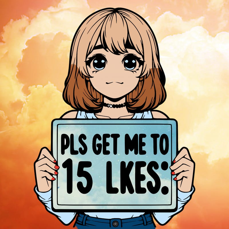 realistic girl holding up a sign that says “pls get me to 15 likes!”