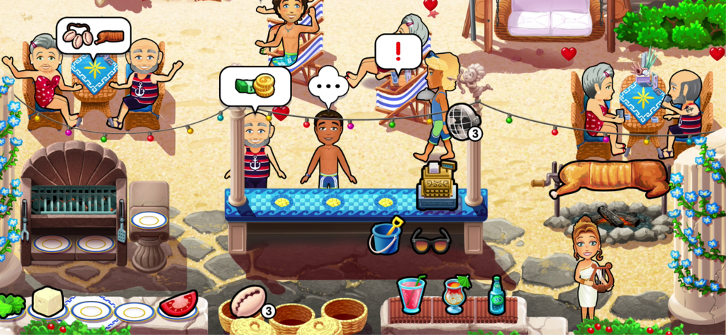 Delicious - Honeymoon Cruise - A time management gameplay scene at a beach resort featuring Emily serving customers at a tropical bar.