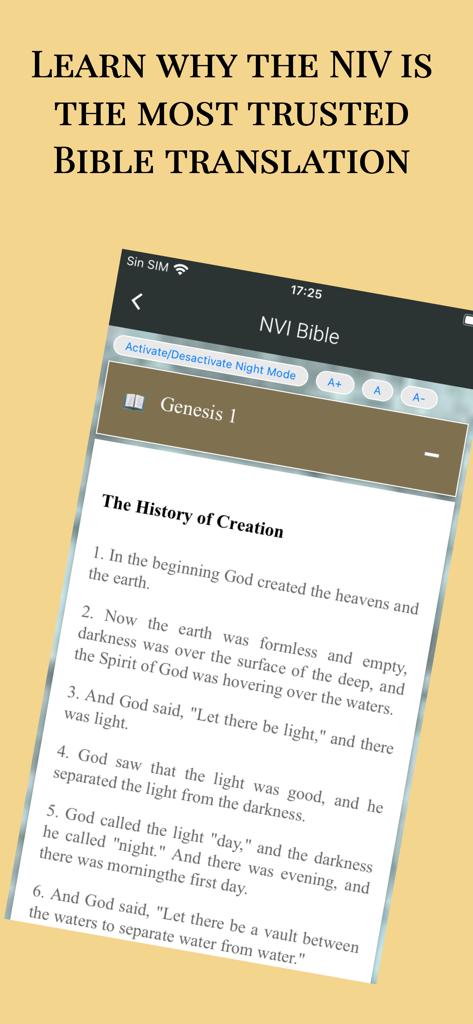NIV Bible Offline in English - Mobile app interface of the NIV Bible showing Genesis 1 text with font size and night mode settings