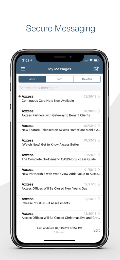 Secure messaging inbox interface of the Axxess HomeCare mobile app.