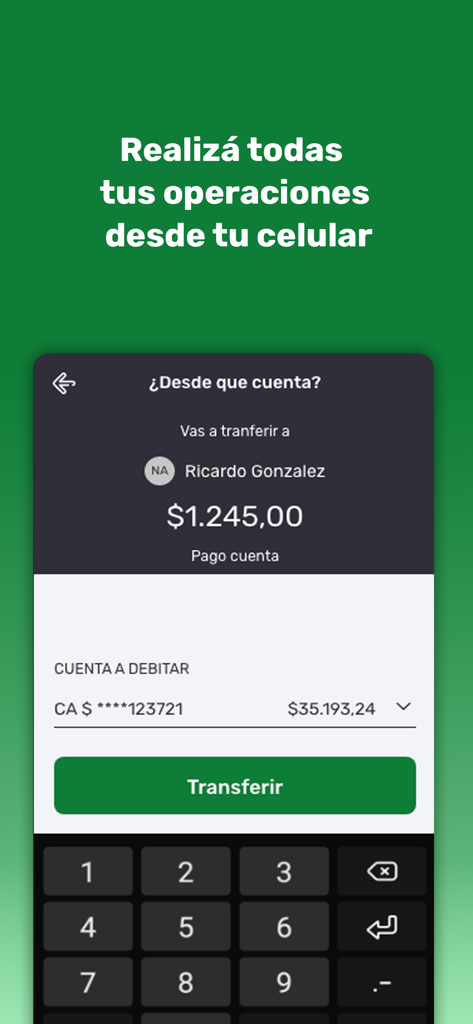 Pantalla de transferencia de la aplicación móvil de Banco Santa Fe
