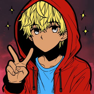 teenage manga boy in a hoodie, doing ✌