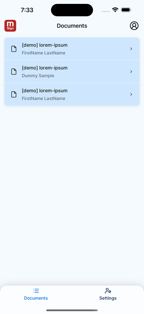 mSign - A list of digital documents within the mSign mobile application interface